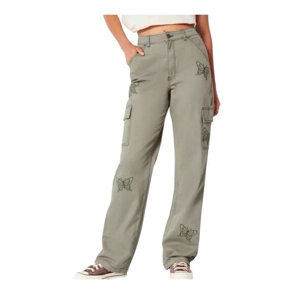 Hollister Pants - Hollister Y2K Ultra High-Rise Dad Pants Green‎ Butterfly Cargo Pants Size 27